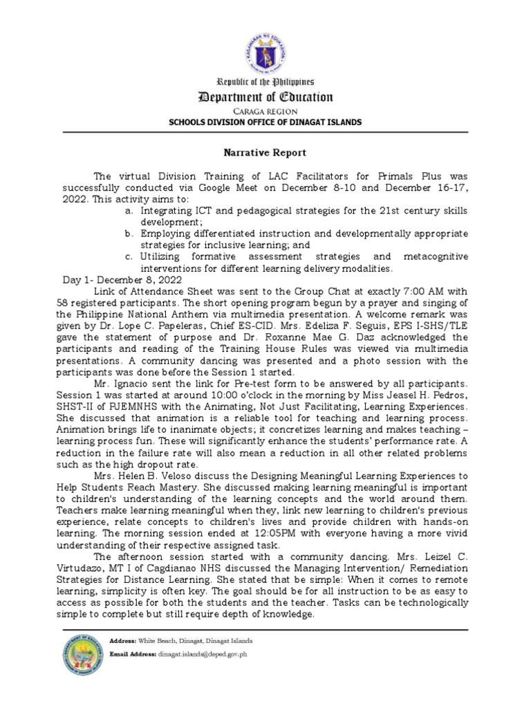 Narrative Report PRIMALS PLUS PDF Instructional Design Learning