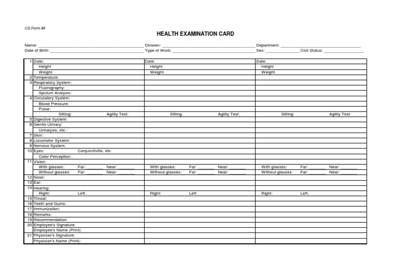 CS Form 86 Health Examination Record | PDF | Medicine | Clinical Medicine
