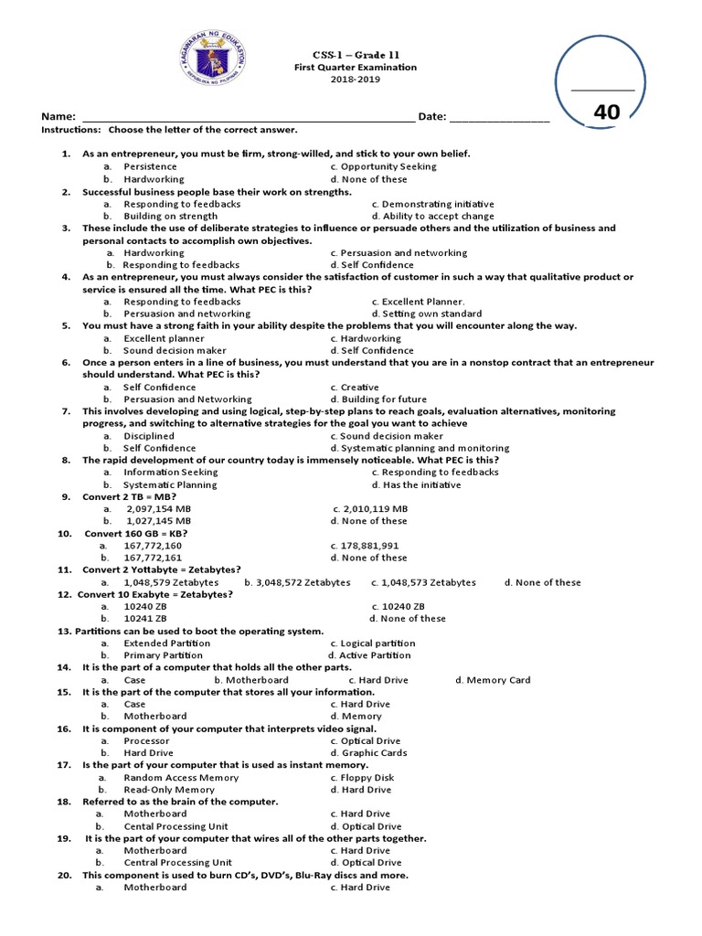 Grade 11 1st Quarter Test Paper PDF Byte Hard Disk Drive