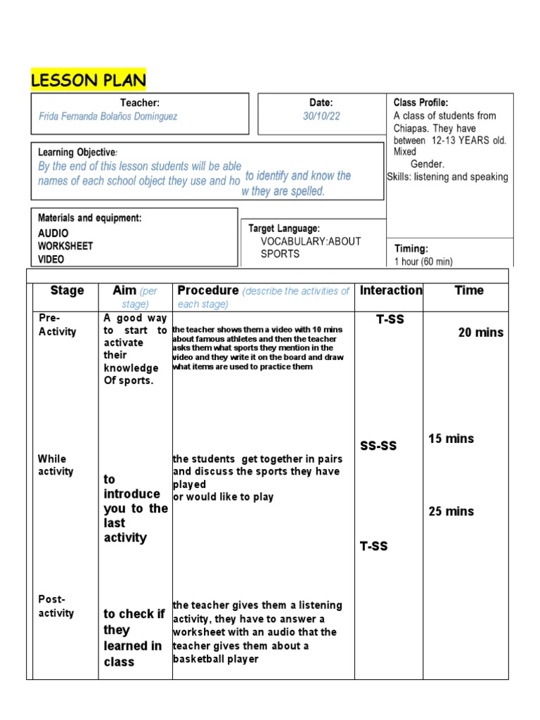 Lesson Plan: Stage Aim Procedure Interaction Time T-Ss 20 Mins | PDF