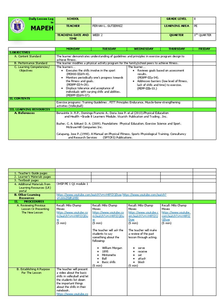 Mapeh: Daily Lesson Log in School Grade Level Teacher Learning Area ...