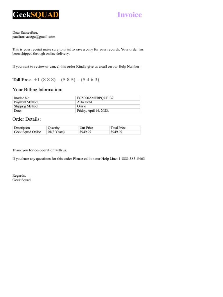 Geek Squad Invoice BC5000AMERPQUE137 | PDF