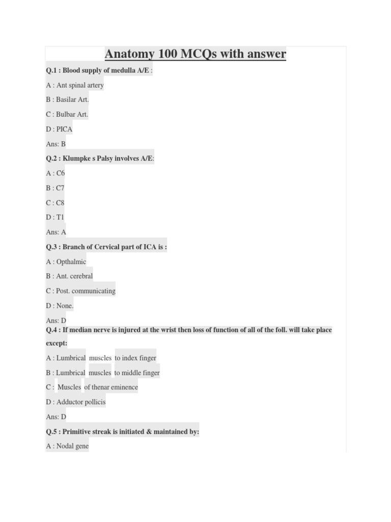 Anatomy 100 Mcqs With Answer