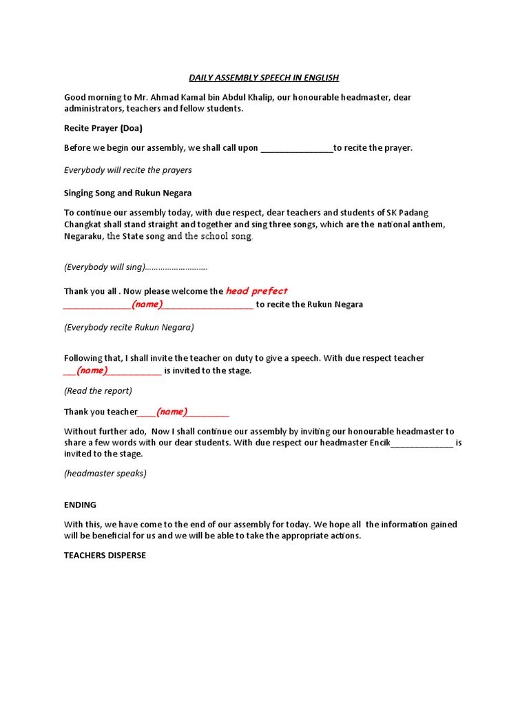 Daily Assembly Speech Script | PDF | Language Arts & Discipline