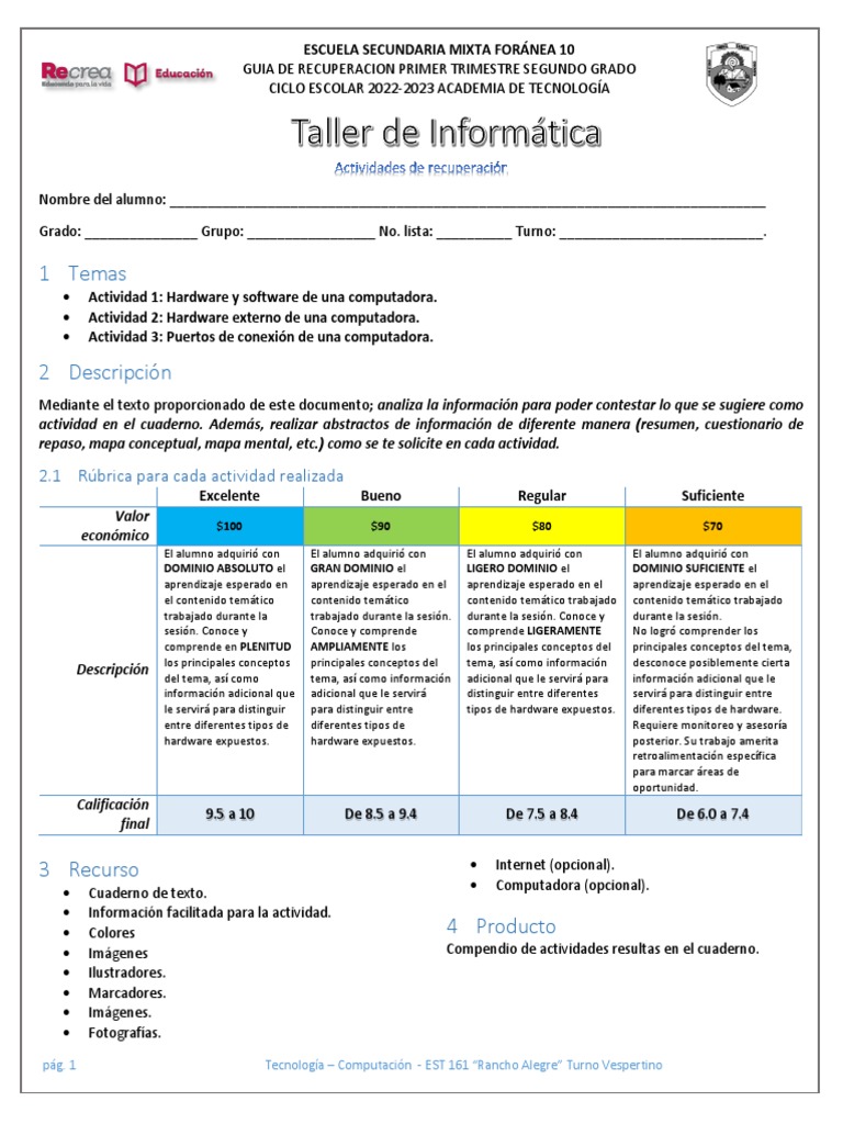 Actividades de Repaso Informática 2° | PDF | Hardware de la computadora ...