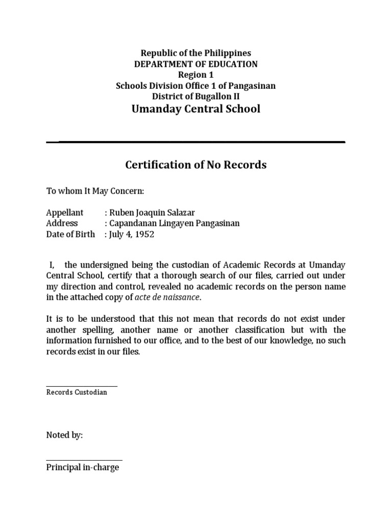 Certification of No Academic Records | PDF