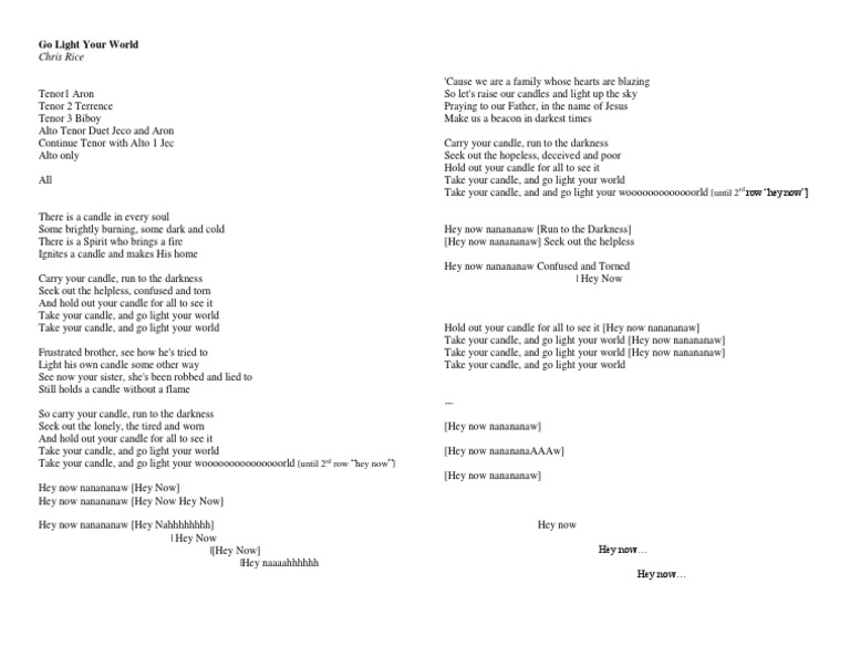 Lyrics PDF image for Go Light Your World with worship lyric-focused formatting