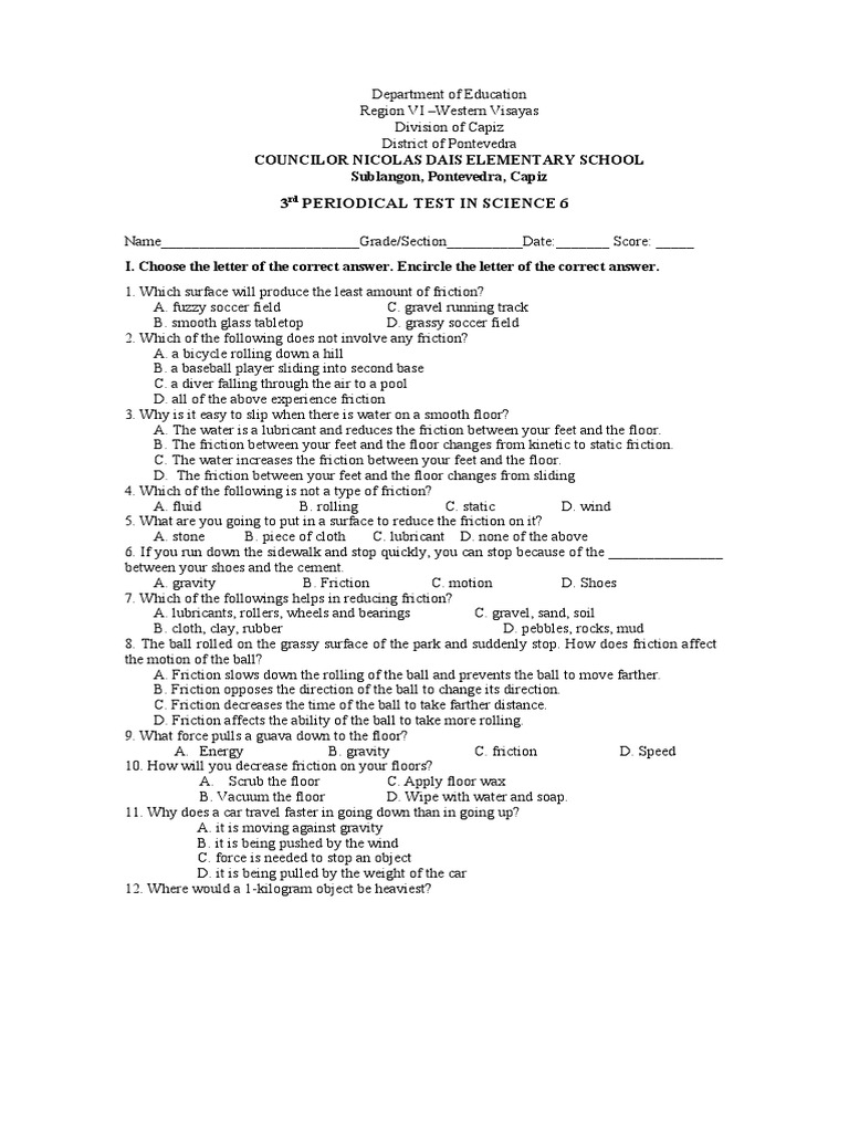 Grade 6 Science 3rd Periodical Test | PDF | Friction | Force
