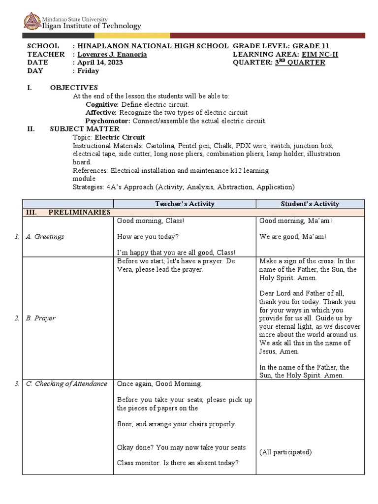 Electric Circuit Lesson Plan for Grade 11 | PDF | Series And Parallel ...