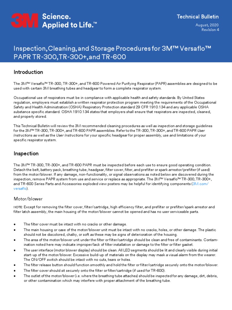 Inspection Cleaning Storage Procedures For 3m Versaflo tr300 tr300