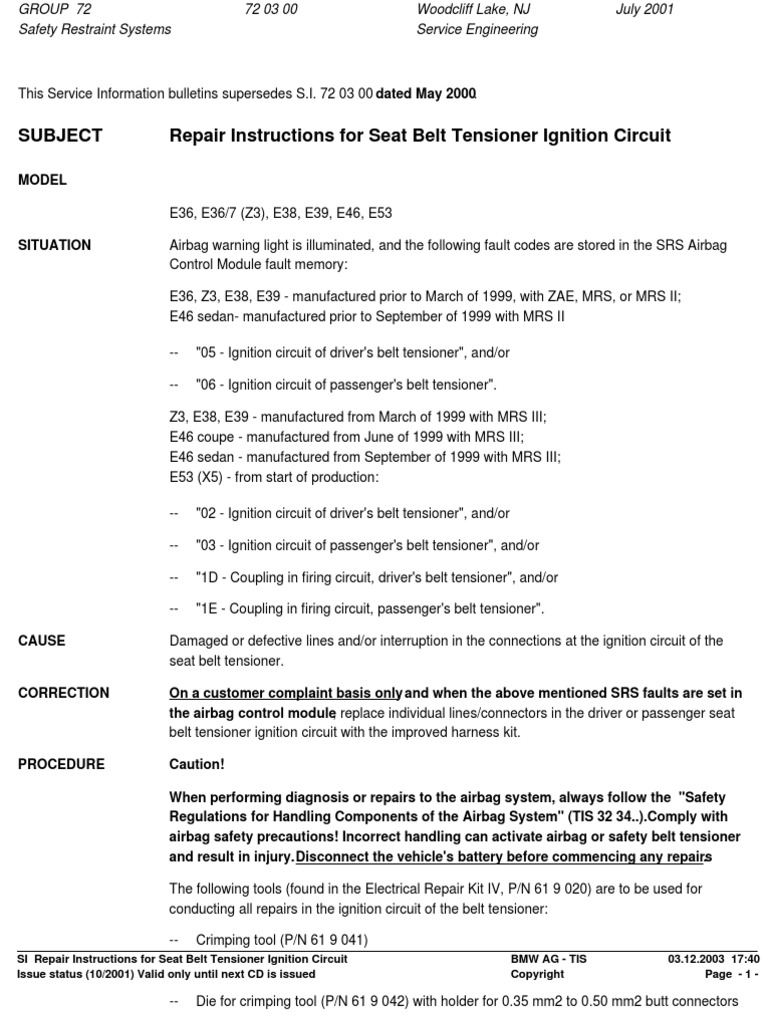 SI Repair Instructions For Seat Belt Tensioner Ignition Circuit PDF
