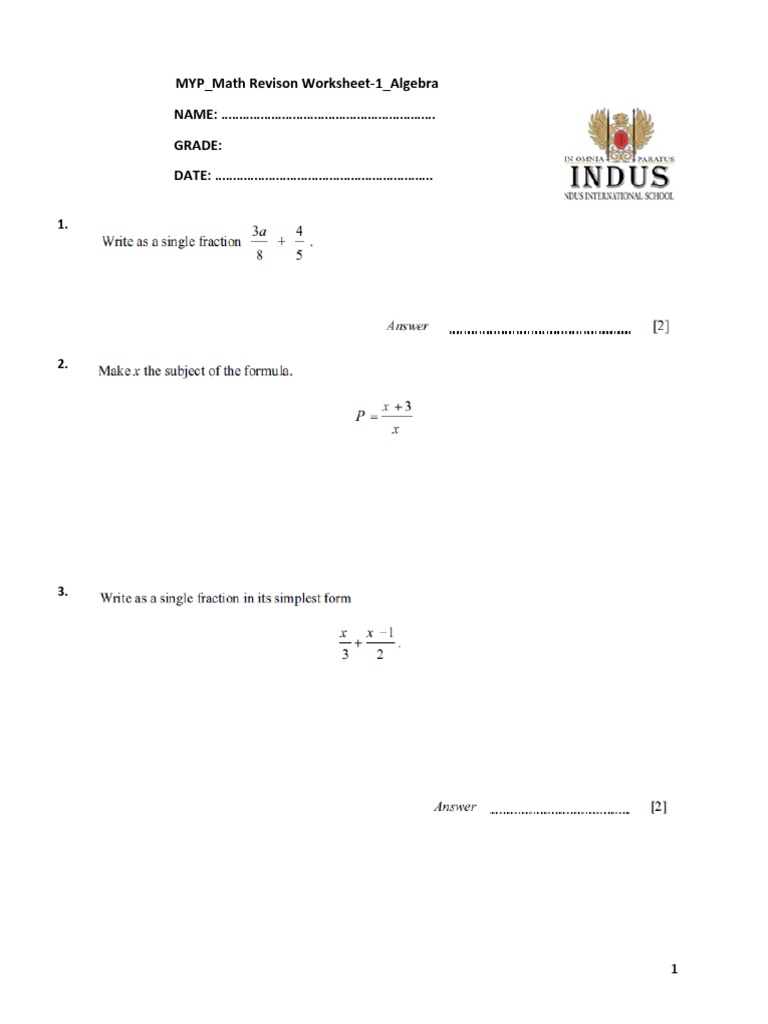 MYP Algebra Revision Worksheet | PDF