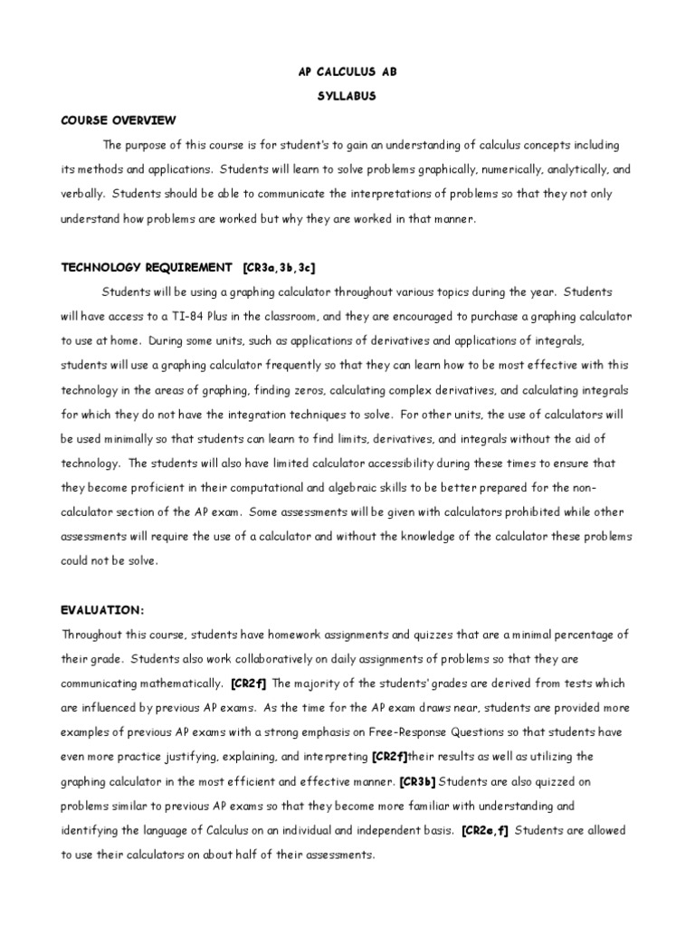 Ap Calculus Ab Syllabus Course Overview PDF Integral Derivative