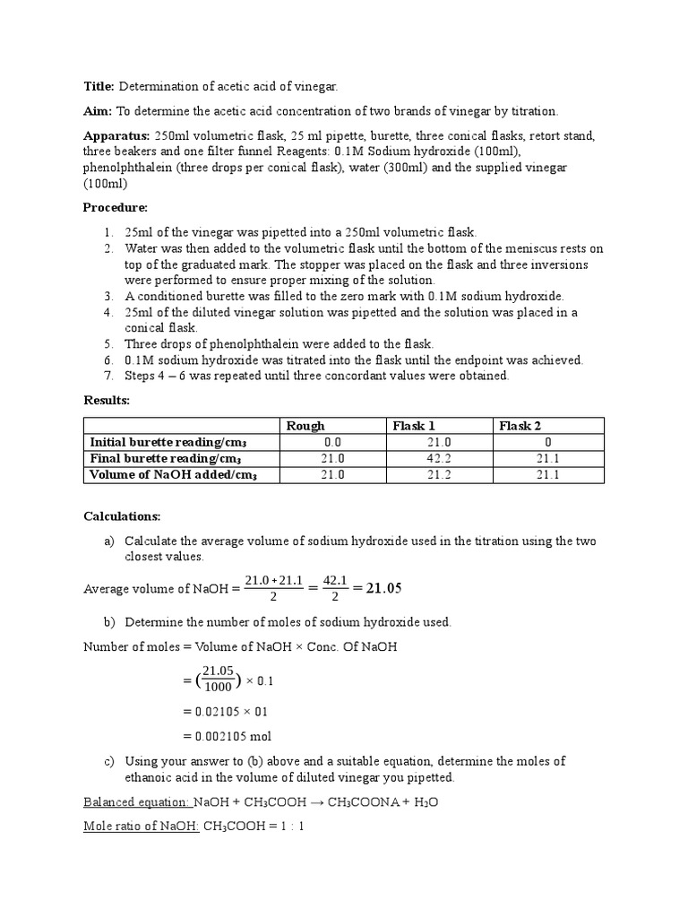 Determination of Acetic Acid Concentration in Vinegar Through AcidBase