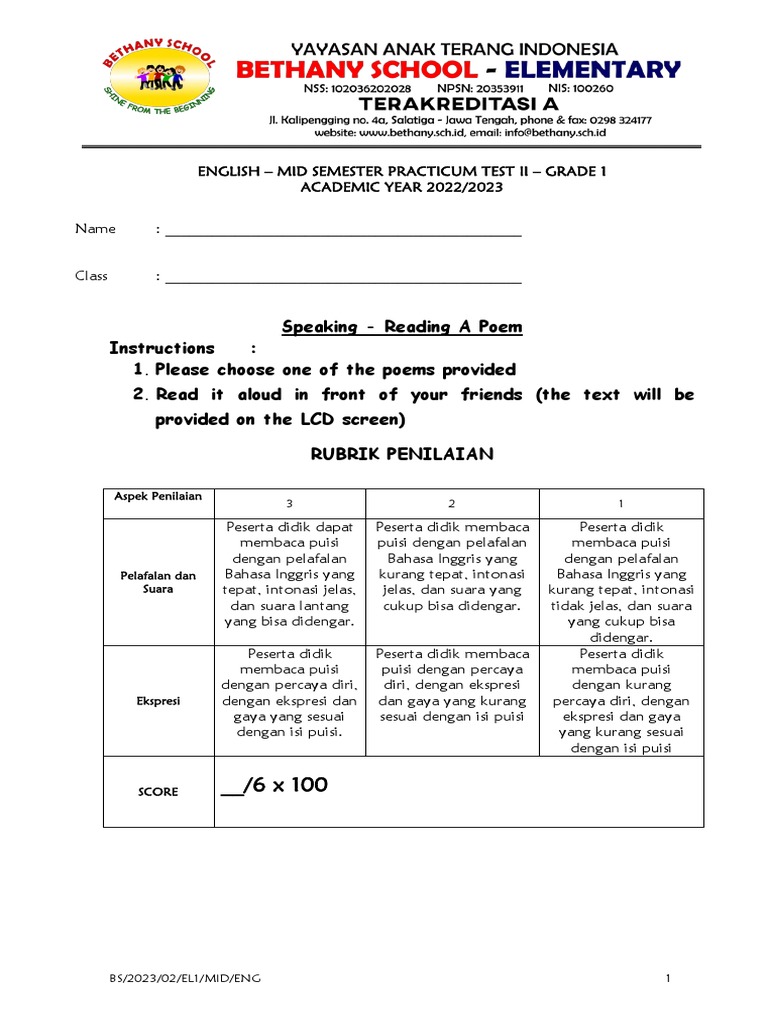 ENG 1 Practicum Test Mid Semester II 2023 PDF Writing Human