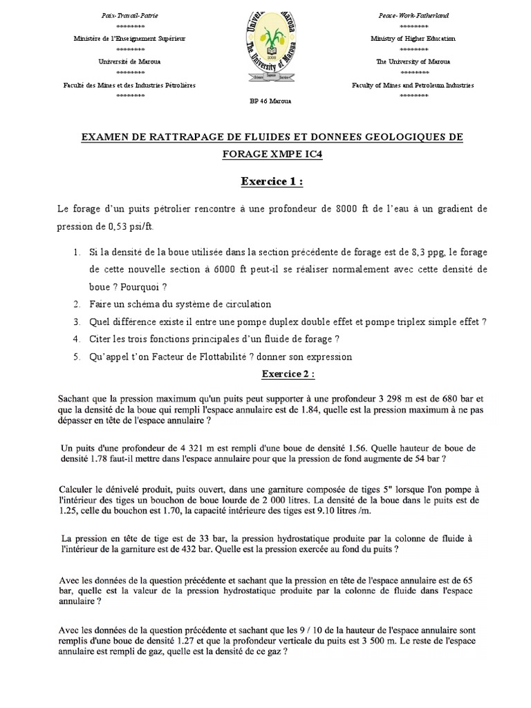 Examen de rattrapage en forage pétrolier | PDF | Pétrole | Hydrocarbures
