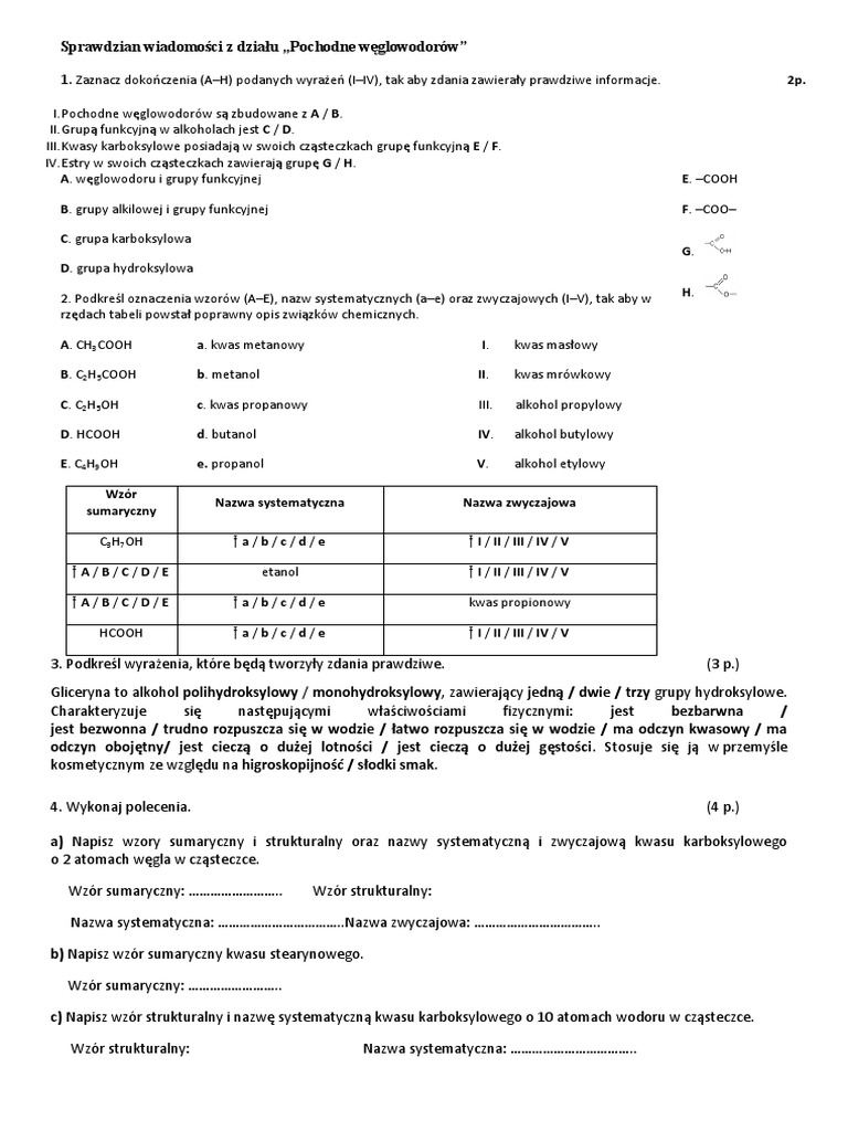 Sprawdzian Pochodne Węglowodorów Grupa A Sprawdzian-pochodne-węglowodorów | PDF