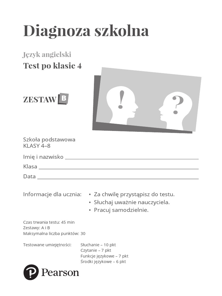 Diagnoza Język Polski Klasa 7 Diagnoza Szkolna: Test Po Klasie 4 | PDF