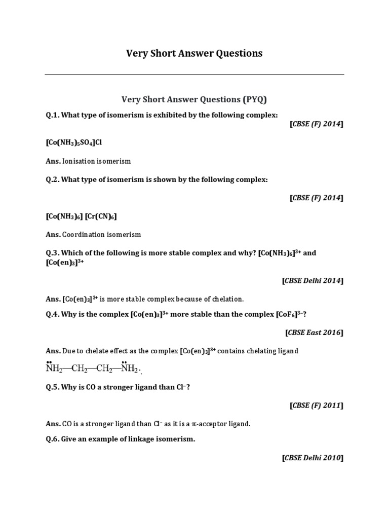 Very Short Answer Questions (PYQ) | PDF | Coordination Complex | Ligand