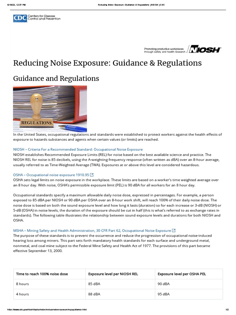 Reducing Noise Exposure Guidance & Regulations NIOSH CDC PDF
