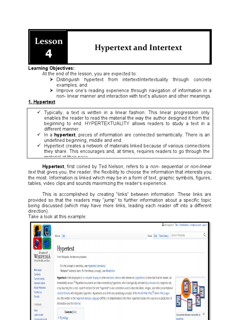 Lesson 4 Reading and Writing PDF Intertextuality Hypertext