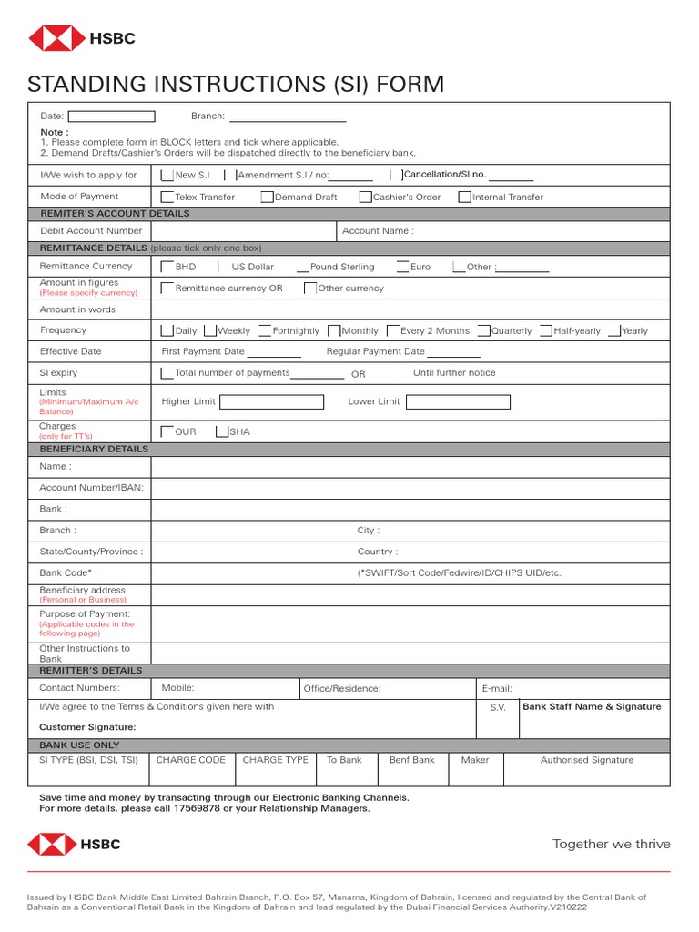 Bah Standing Instructions Form en V2a Fillable | PDF | Banks | Payments