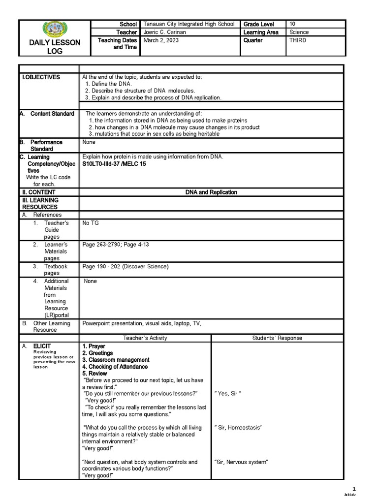 DNA Structure and Replication Lesson Plan | PDF | Dna | Rna
