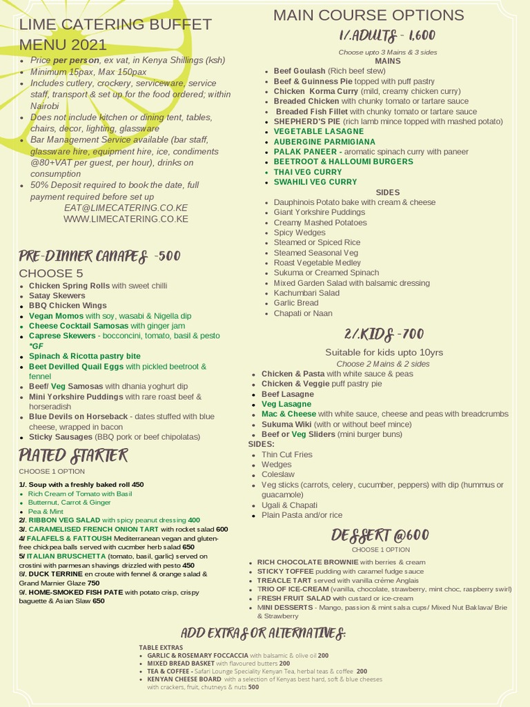 MAIN COURSE OPTIONS FOR LIME CATERING BUFFET MENU 2021 | PDF | Salad ...