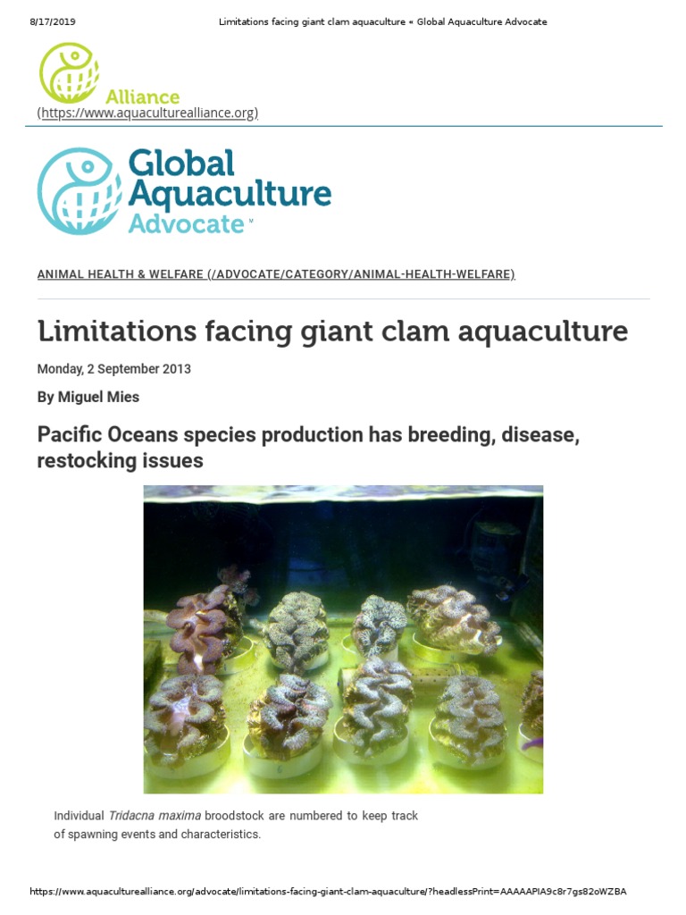 Limitations Facing Giant Clam Aquaculture Paci C Oceans Species