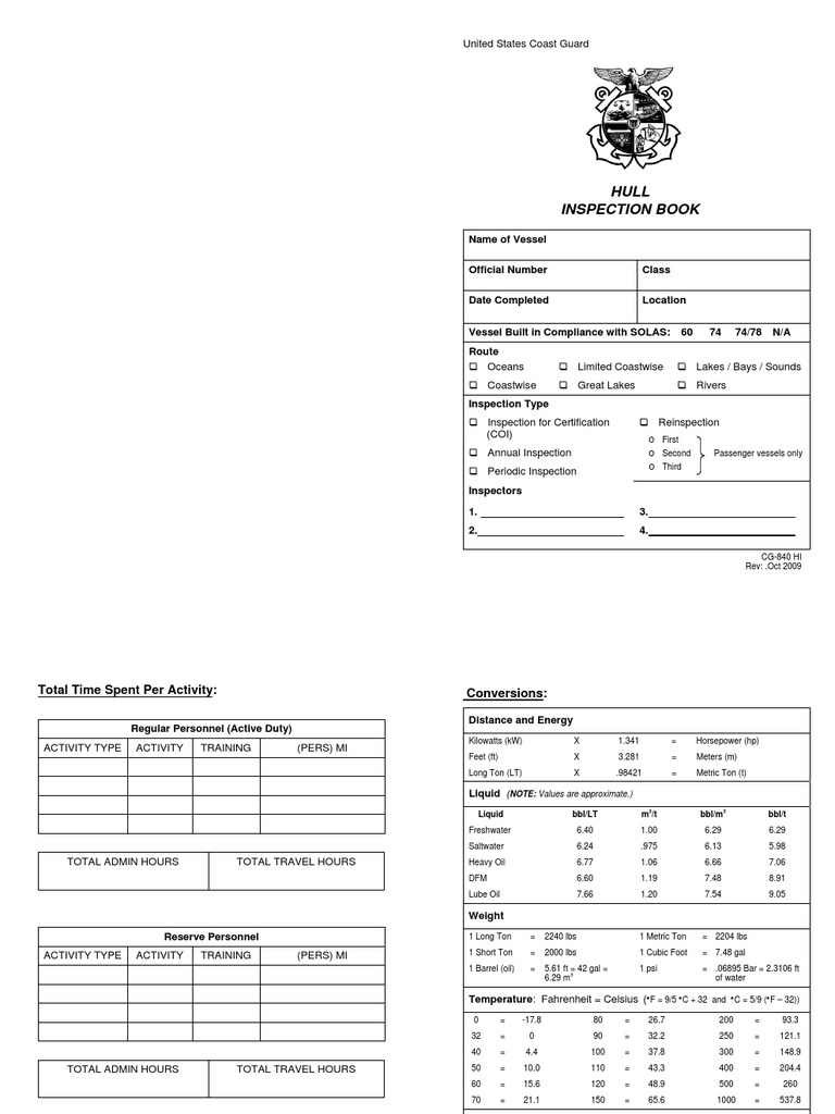 Coast Guard Hull Inspection Guidelines | PDF | Fahrenheit | Water Transport
