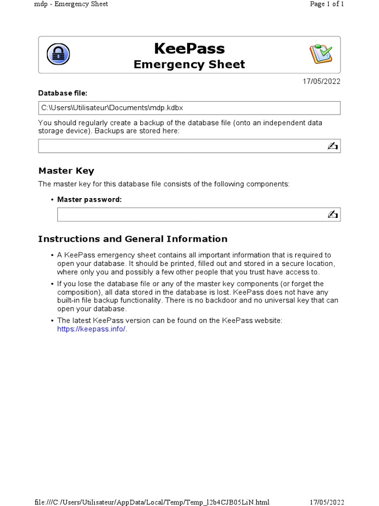 KeePass Emergency Sheet Instructions | PDF