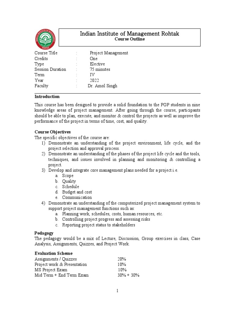 Project Management Course Outline 2022 | PDF | Project Management ...