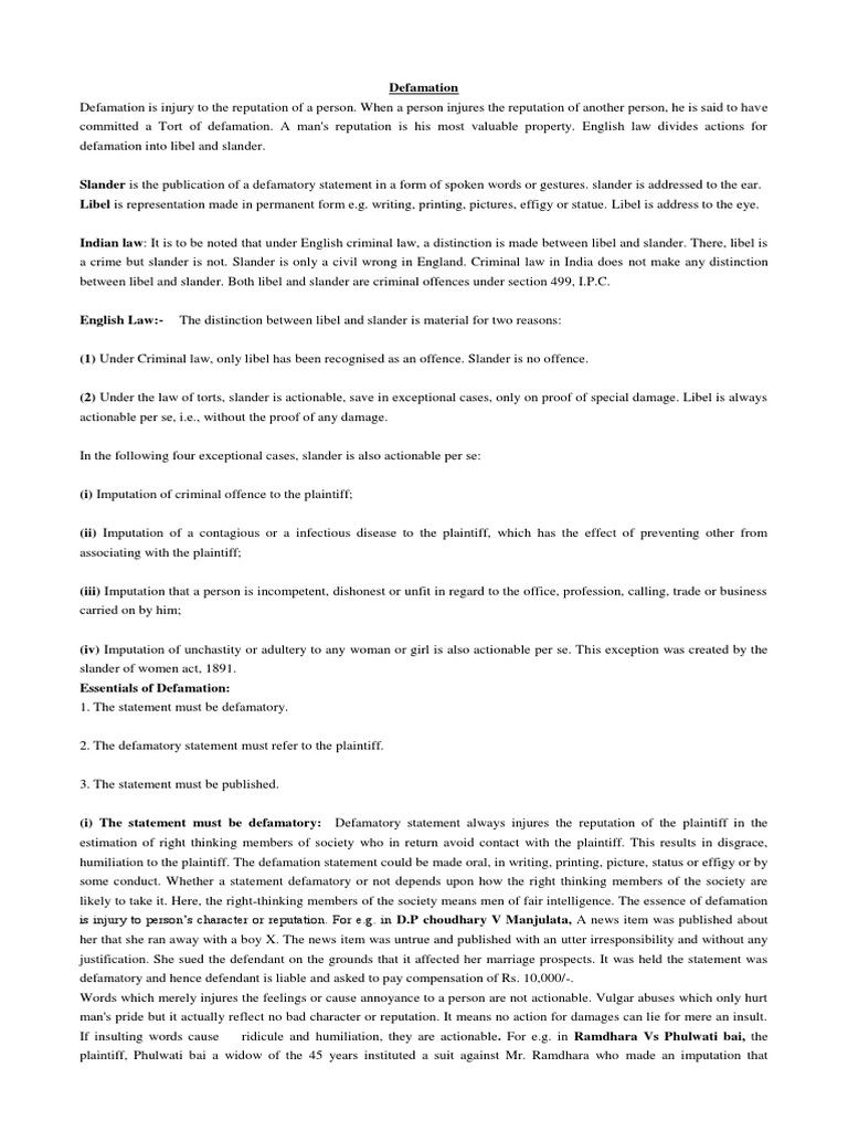 An InDepth Analysis of the Legal Principles of Defamation Under Indian