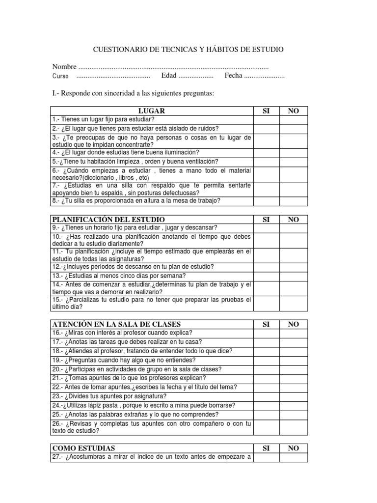 CUESTIONARIO HABITOS DE ESTUDIO | PDF