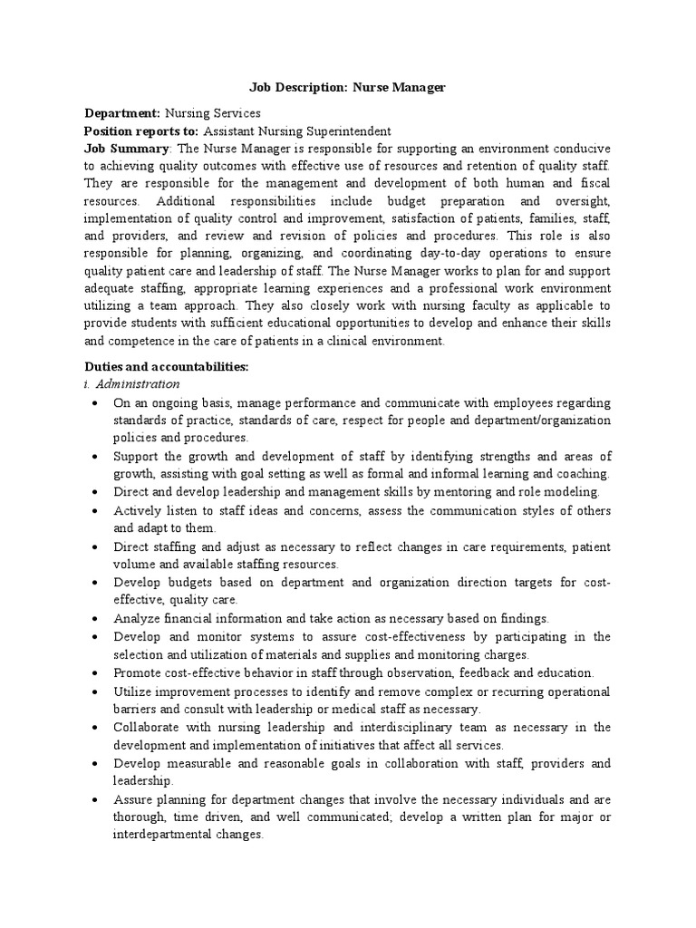 Job Description Nurse Manager PDF Nursing Evidence Based Medicine