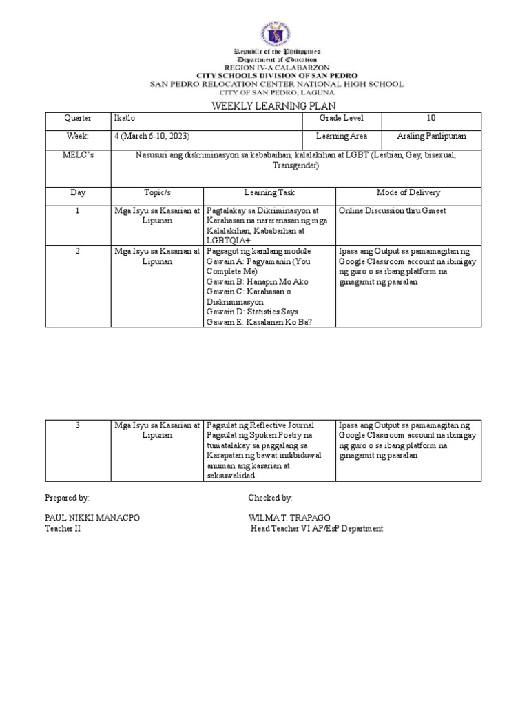 Weekly learning plan pdf