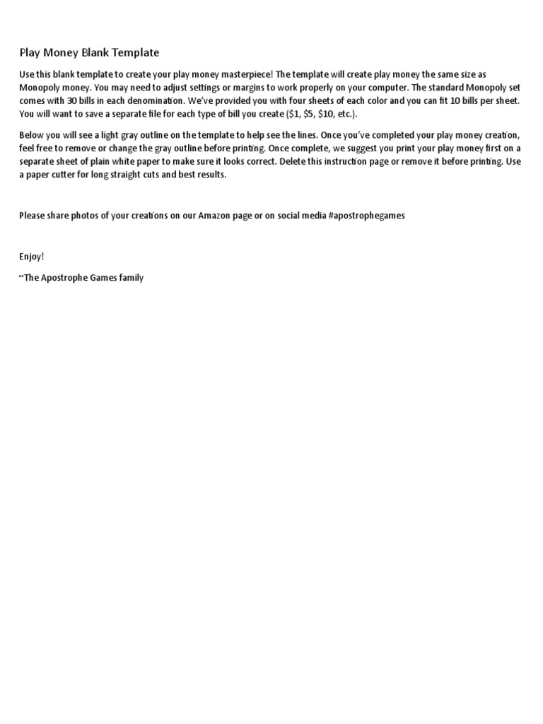 Play Money Blank Template PDF
