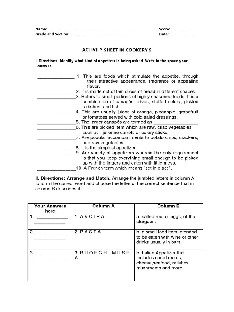 Activitysheet TLE9 Cookery Download Free PDF Hors D'oeuvre Pickling