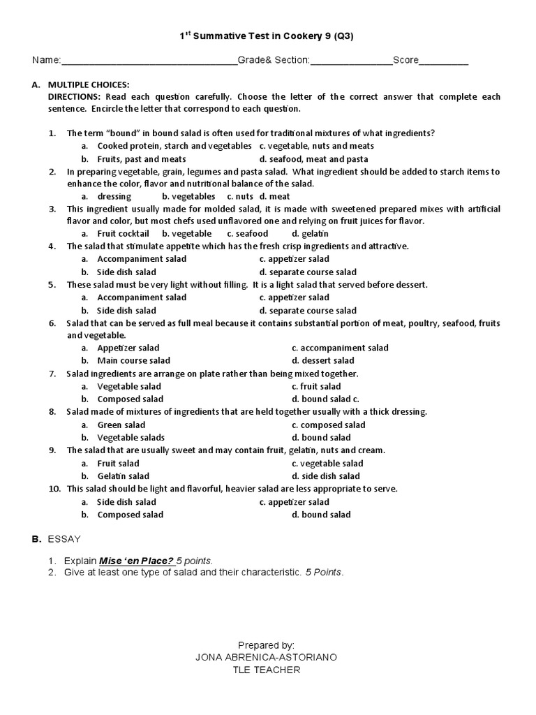 1st Summative Test: TLE 9 Cookery | PDF | Salad | Hors D'oeuvre