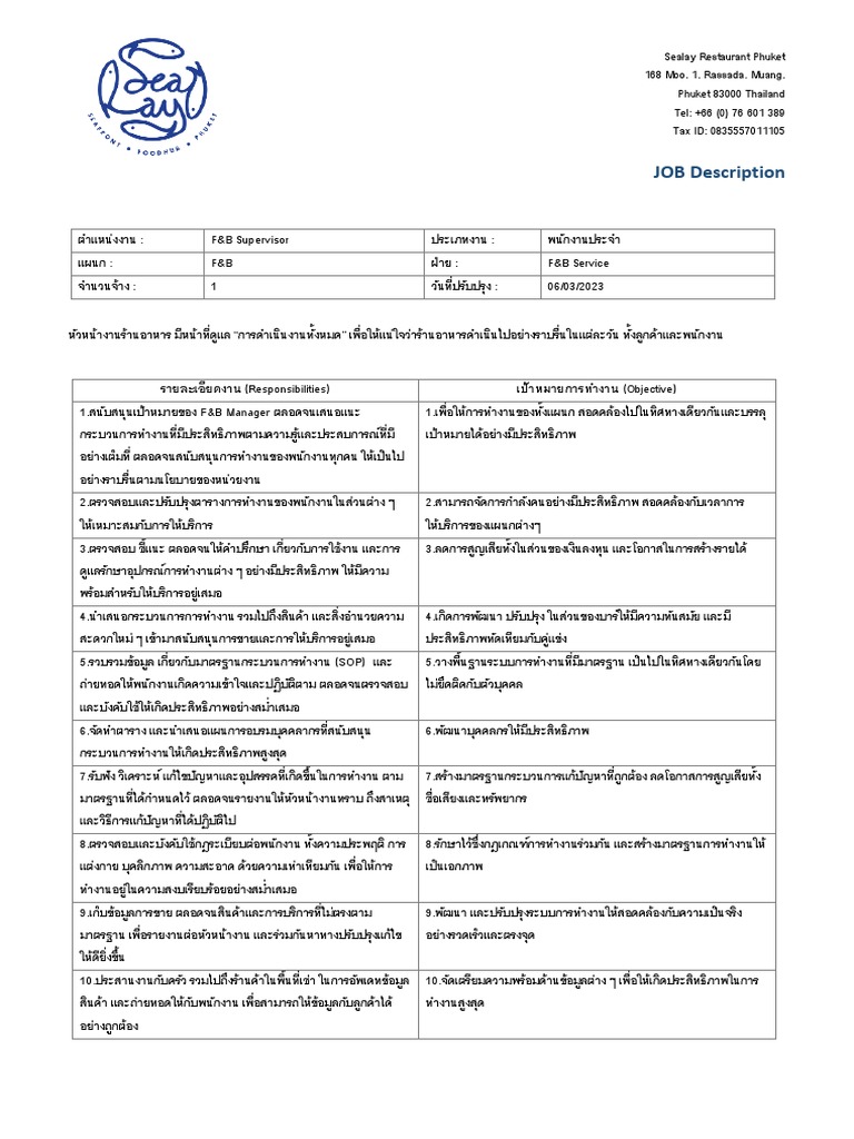 Job Description FB Supervisor | PDF