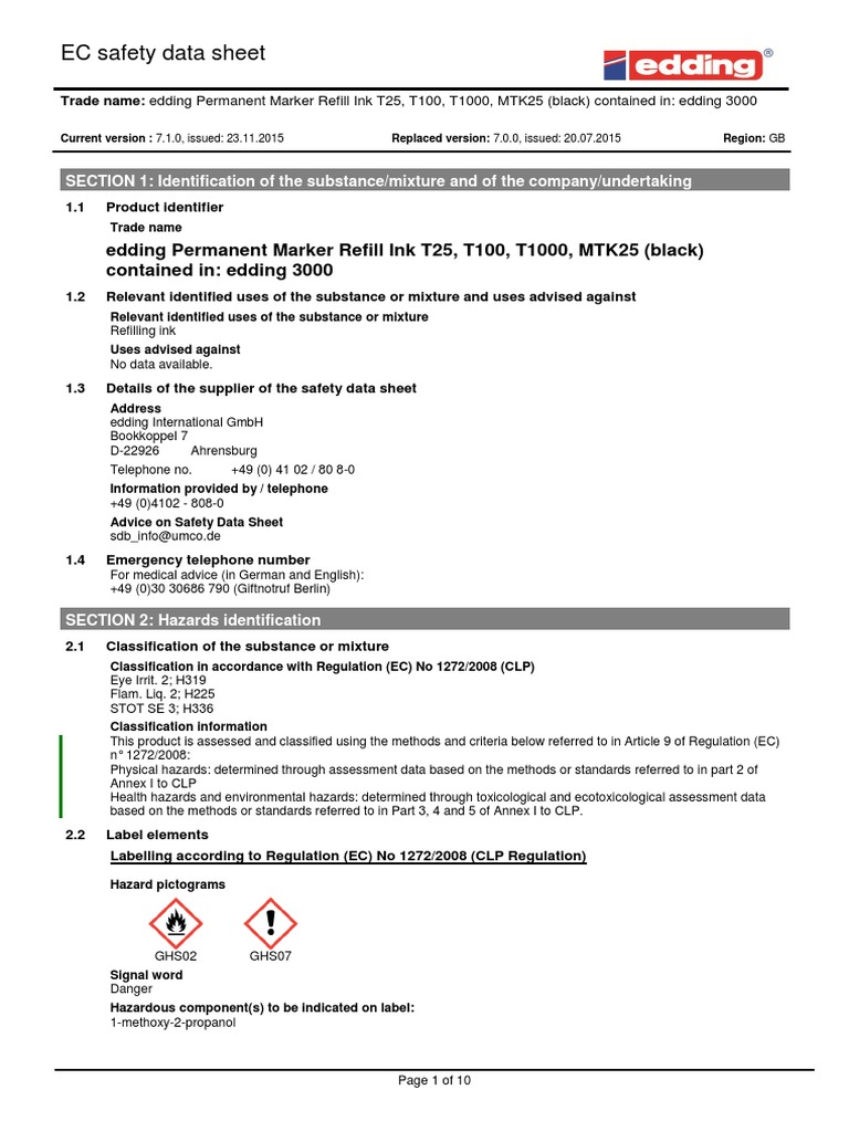 EC Safety Data Sheet Edding Permanent Marker Refill Ink T25, T100