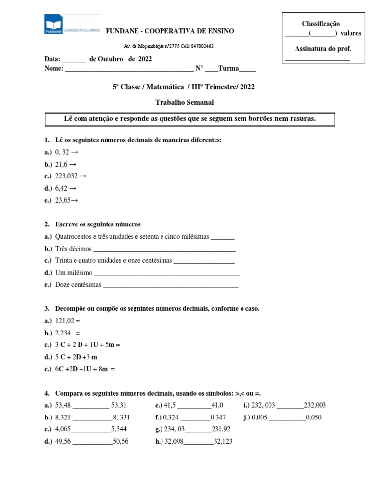 Atividades da 5ª Classe - Fundane | PDF | Pesca