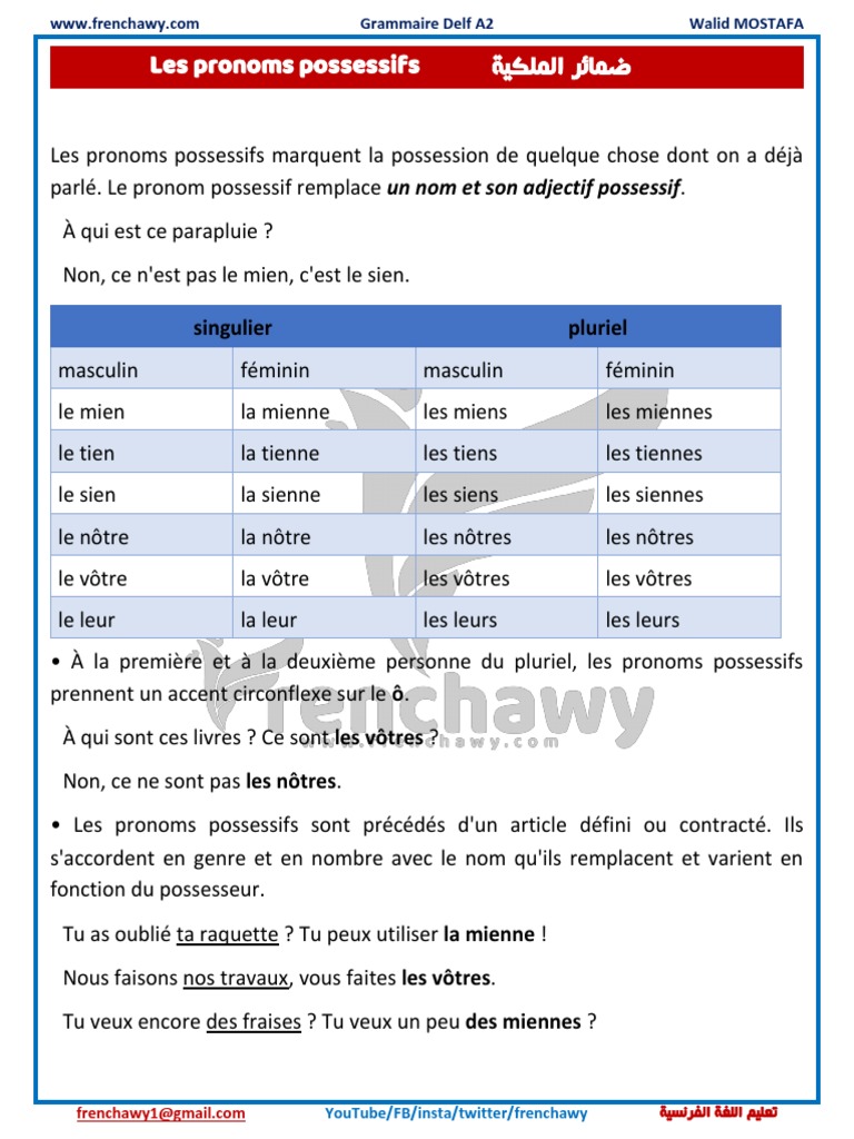 Les pronoms possessifs en français | PDF | Genre grammatical | Pronom