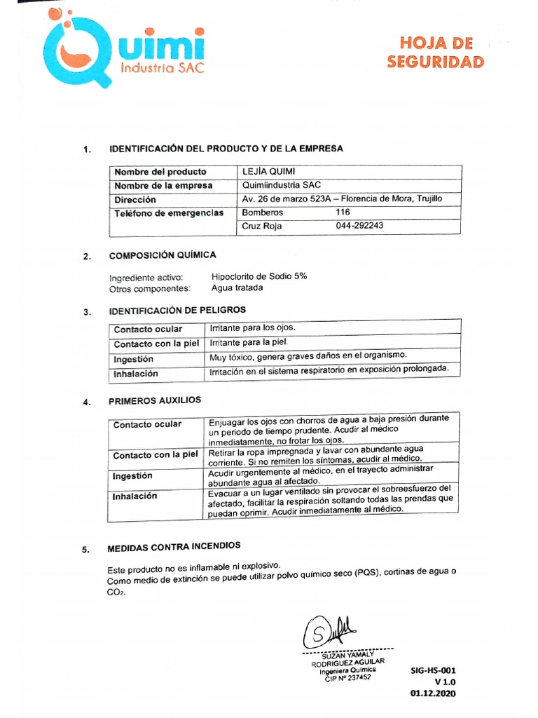 Hoja de Seguridad Lejía QUIMI | PDF