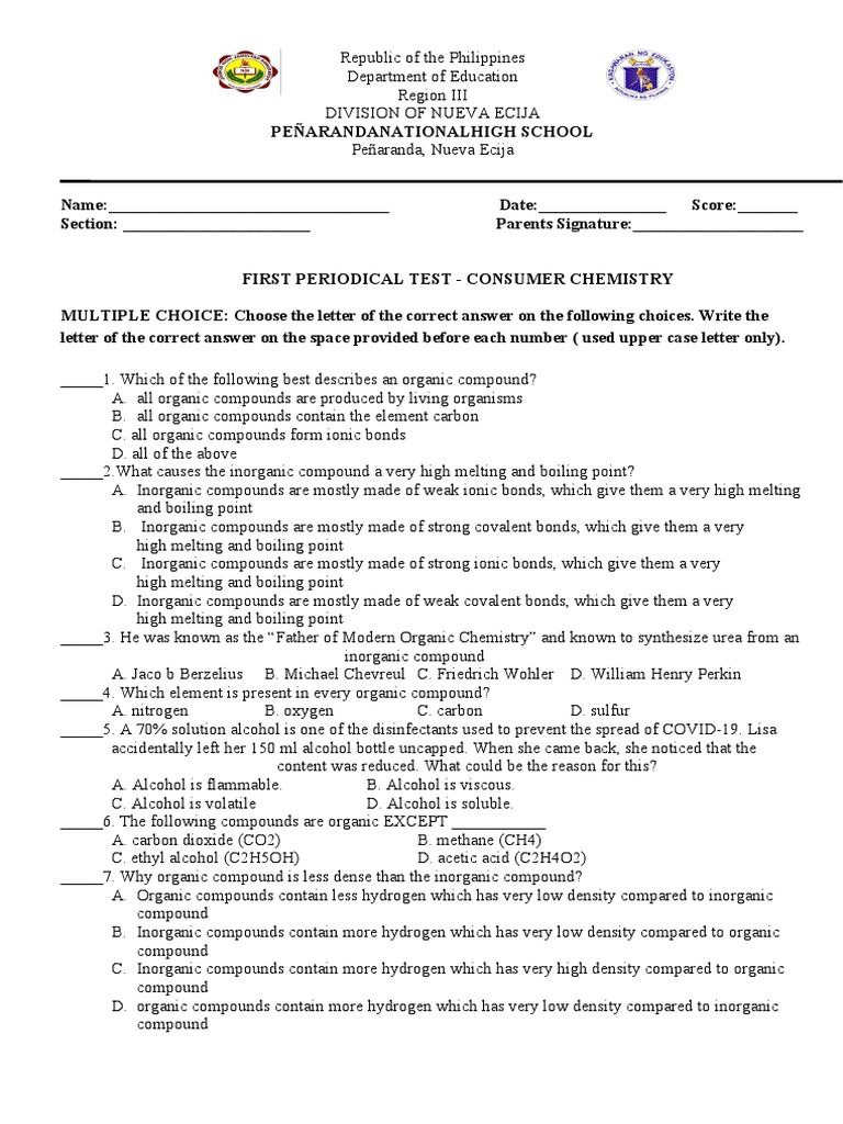 Grade 9 Consumer Chemistry Test | PDF | Chemical Compounds | Chemical Bond