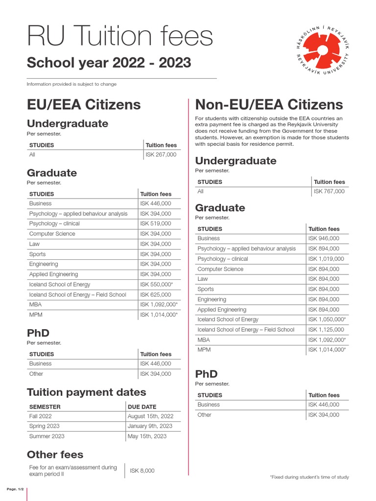 Reykjavik University Tuition Fees 2022 2023 PDF Tuition Payments Fee