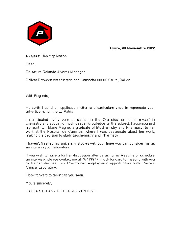 Oruro, 30 Noviembre 2022 Subject: Job Application | PDF