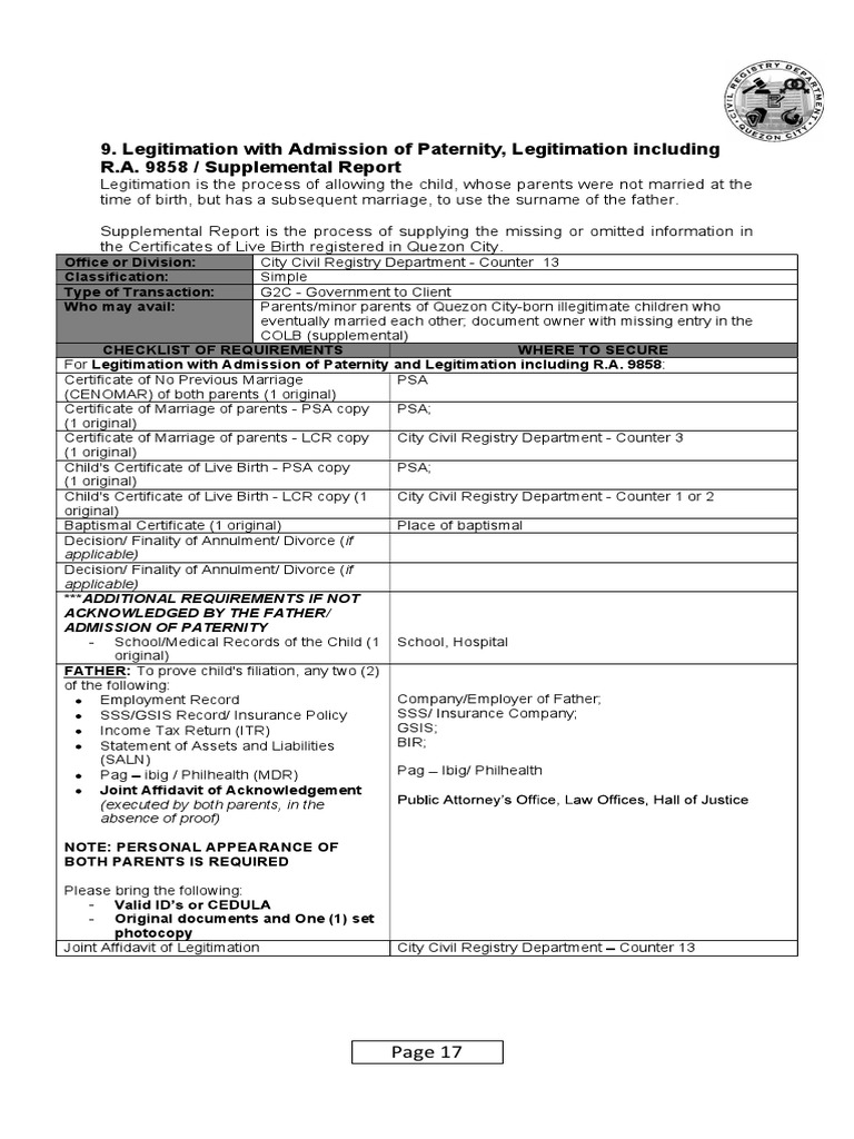 Legitimation Process and Requirements | PDF | Birth Certificate | Justice