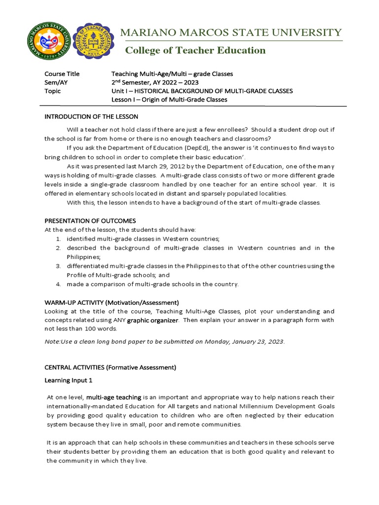 Lesson 1 Origin Of Multigrade Classes Pdf Cognition