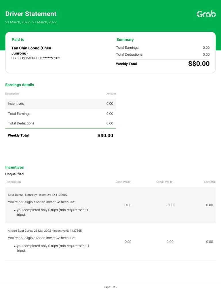Grab Driver Monthly Statement Summary | PDF | Payments | Tax Deduction